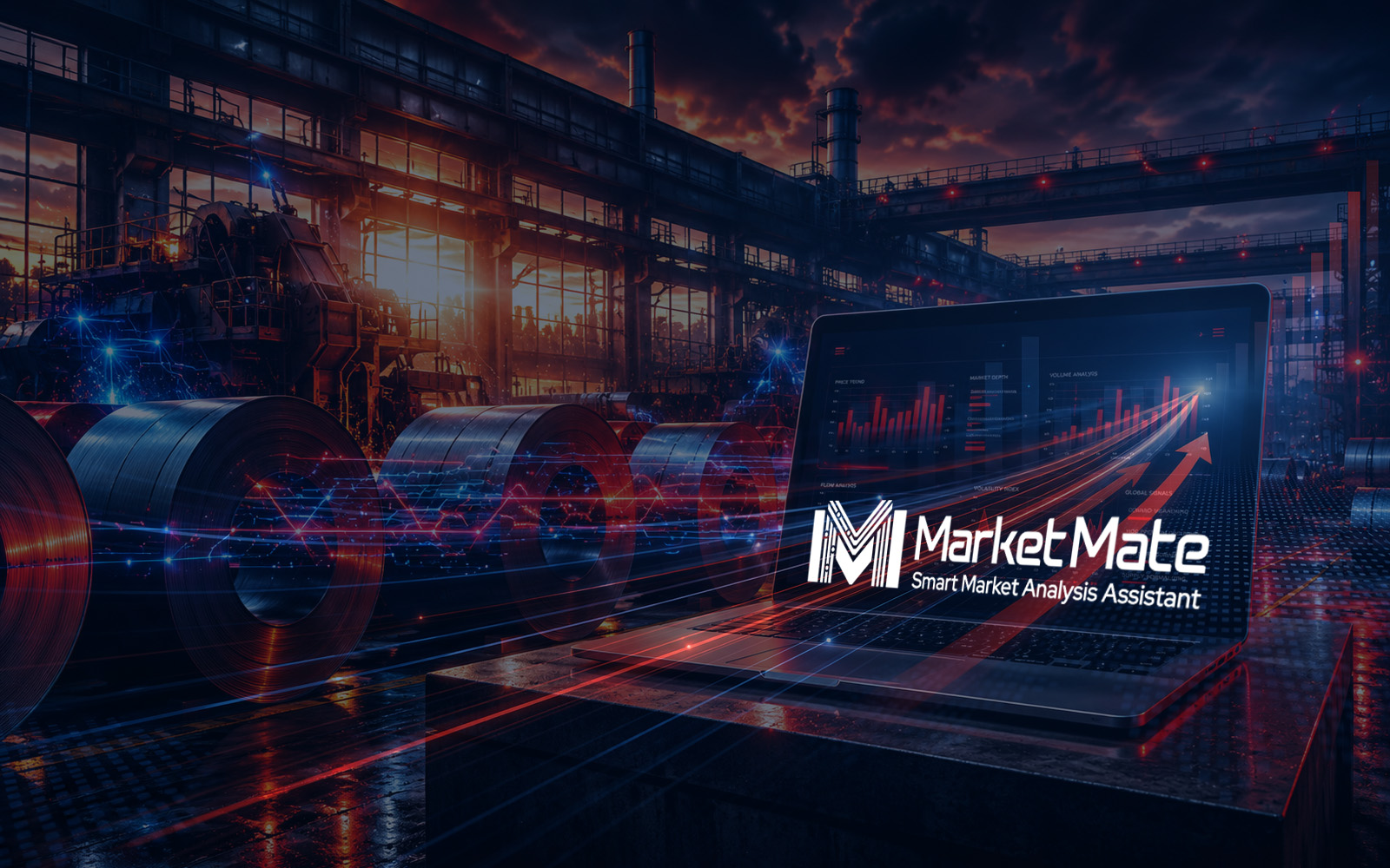 یک لپ‌تاپ مدرن با صفحه نمایشی روشن که لوگوی بزرگ و سفید "MarketMate" و یک نمودار روند صعودی به همراه میله‌های قرمز را نشان می‌دهد. این لپ‌تاپ بر روی یک سطح صنعتی در دل یک کارخانه عظیم فولاد با کویل‌های فلزی بزرگ، خطوط شبکه‌ای نورانی دیجیتال و نورپردازی گرم و سرمه‌ای قرار گرفته است. این تصویر نمادی از هوشمندسازی و تحلیل داده‌محور در بازار فولاد ایران با هویت بصری برند مارکت‌میت است.